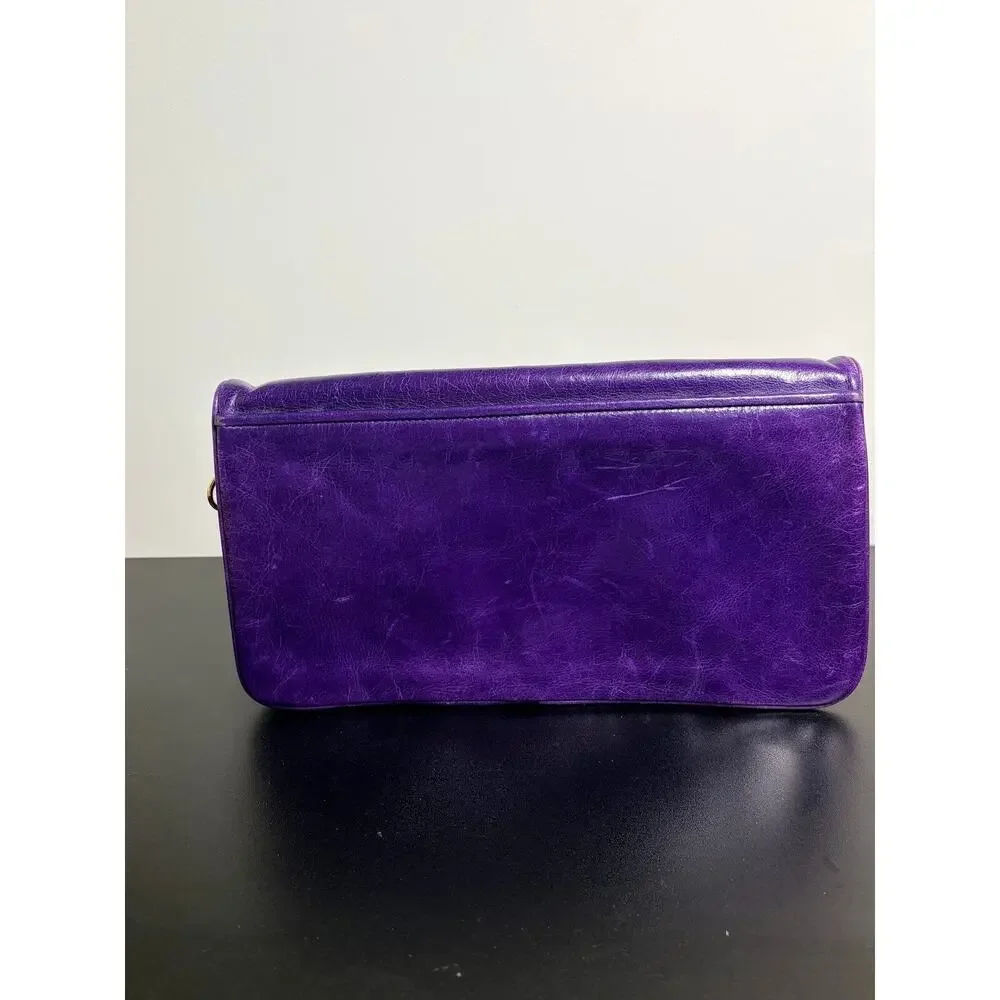 Tory Burch Bombe Reva Purple Leather Clutch Crossbody Bag Gold Chain Strap Logo